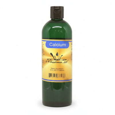 green bottle with black top and yellow gold label with blue behind Calcium, CR Supplements with logo of water drop splashing up, dietary supplement 16oz