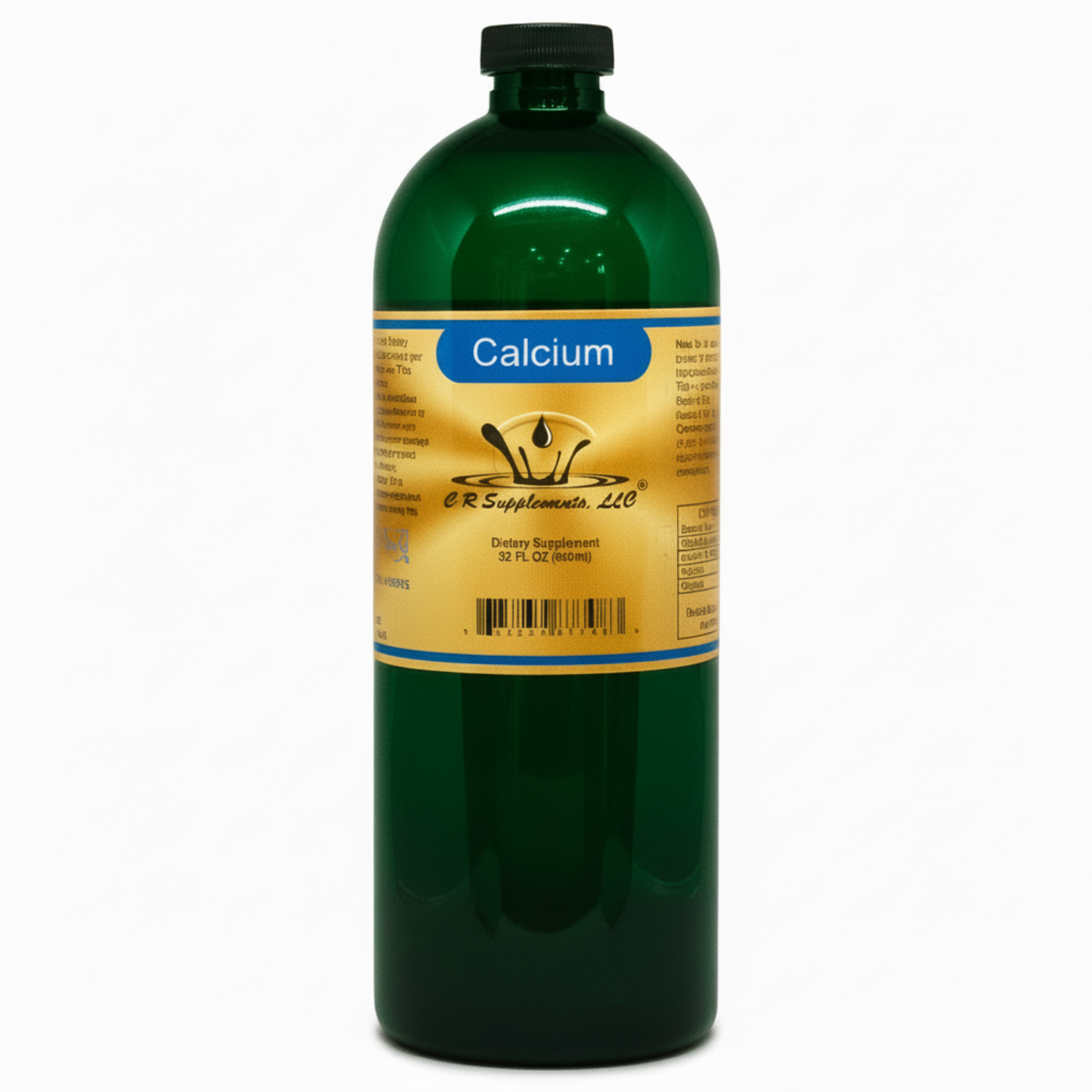 green bottle with black top and yellow gold label with blue behind Calcium, CR Supplements with logo of water drop splashing up, dietary supplement 32oz