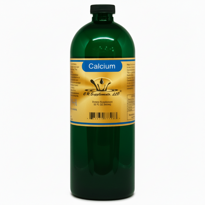 green bottle with black top and yellow gold label with blue behind Calcium, CR Supplements with logo of water drop splashing up, dietary supplement 32oz