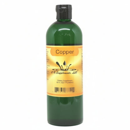 Green bottle of Copper from CR Supplements with a yellow label on a white background