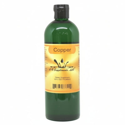 Green bottle of Copper from CR Supplements with a yellow label on a white background