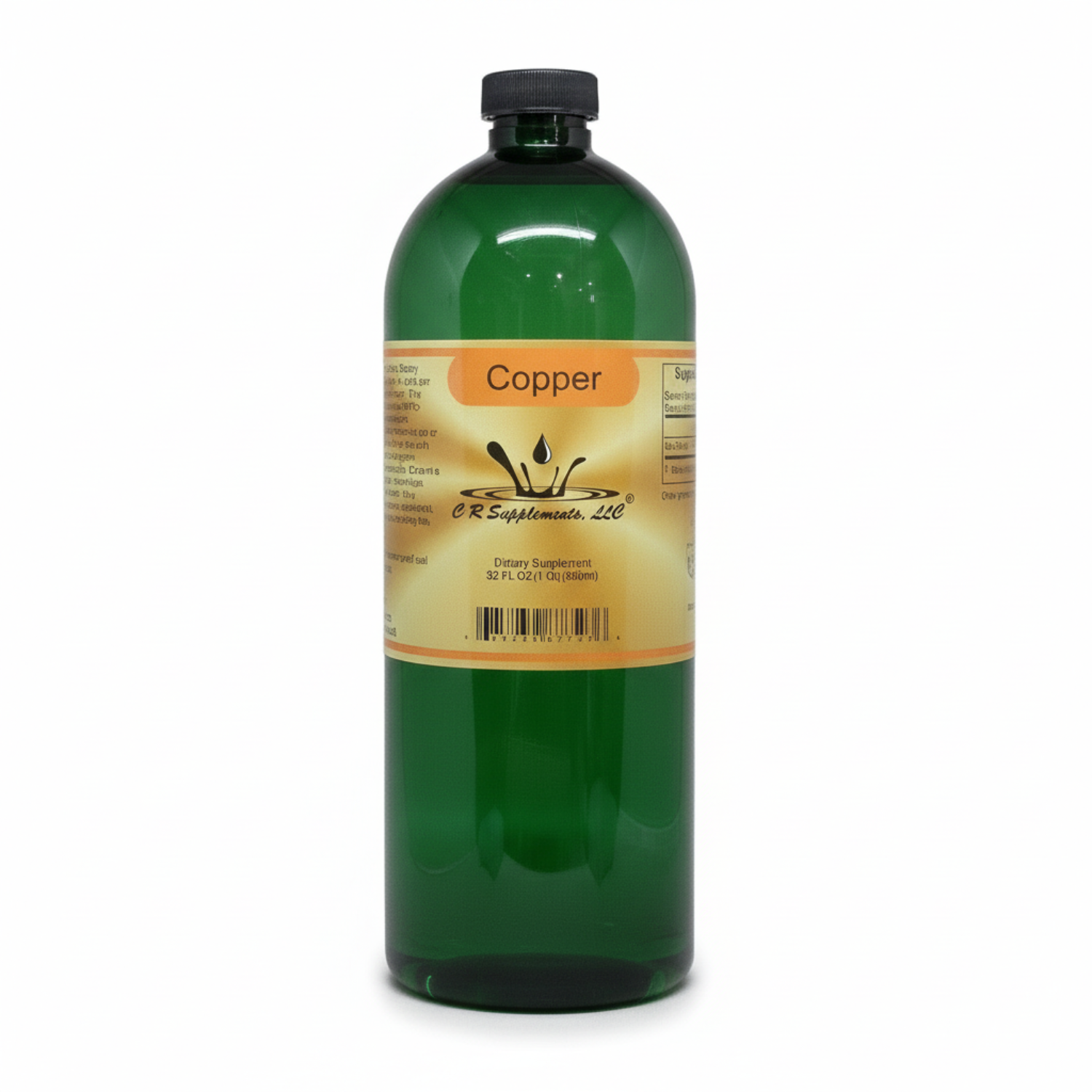 Green bottle of Copper from CR Supplements with a yellow label on a white background