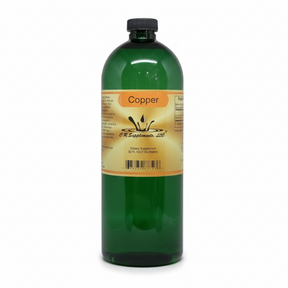 Green bottle of Copper from CR Supplements with a yellow label on a white background
