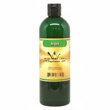 Green bottle labeled 'Iron' with a yellow label on a white background
