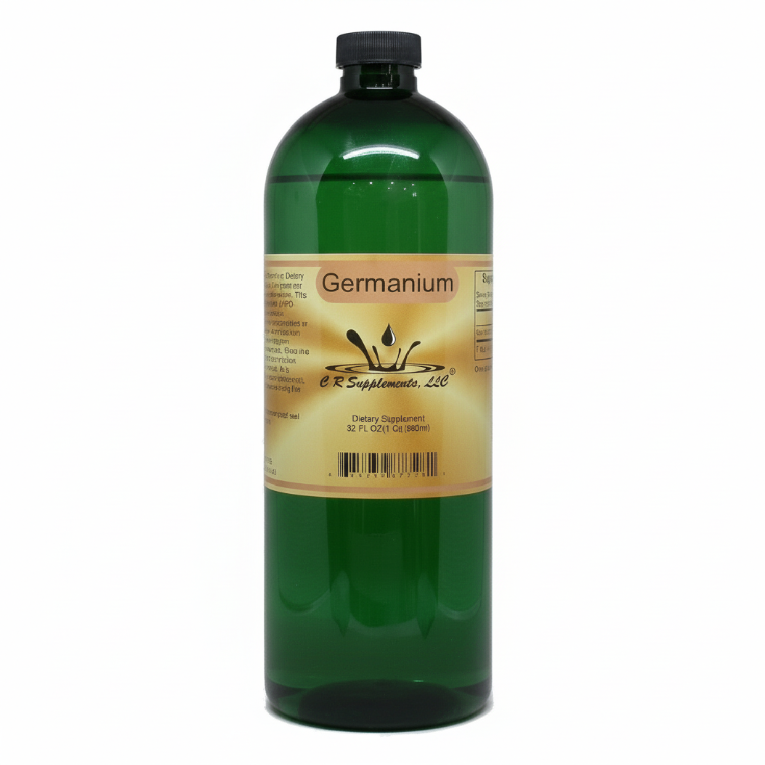 Green bottle of Germanium supplement with label on a white background