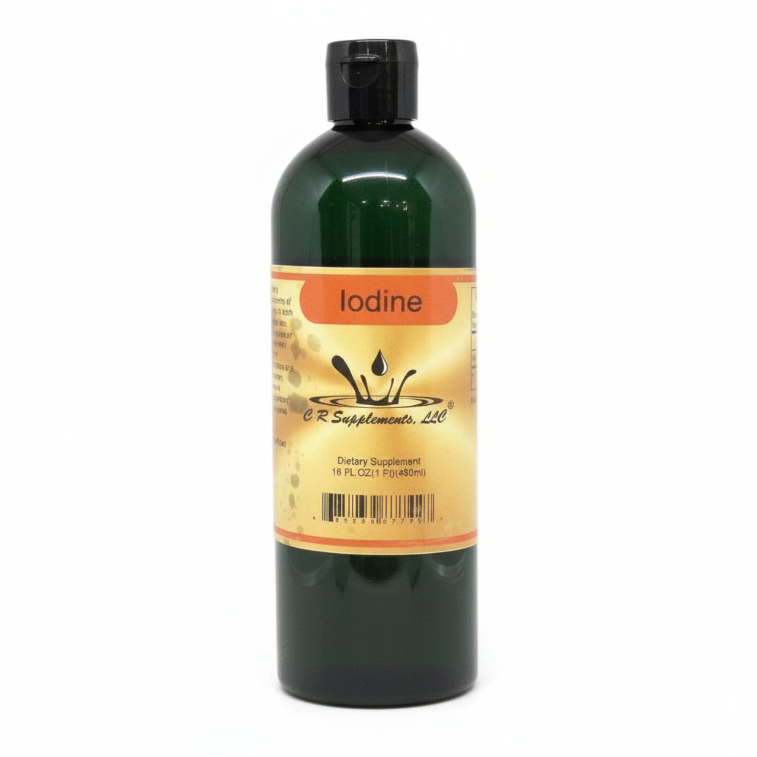Bottle of iodine supplement with label on a white background