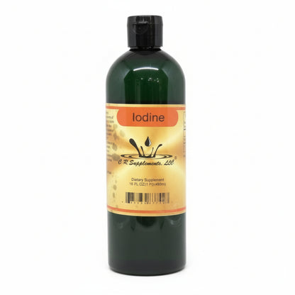 Bottle of iodine supplement with label on a white background