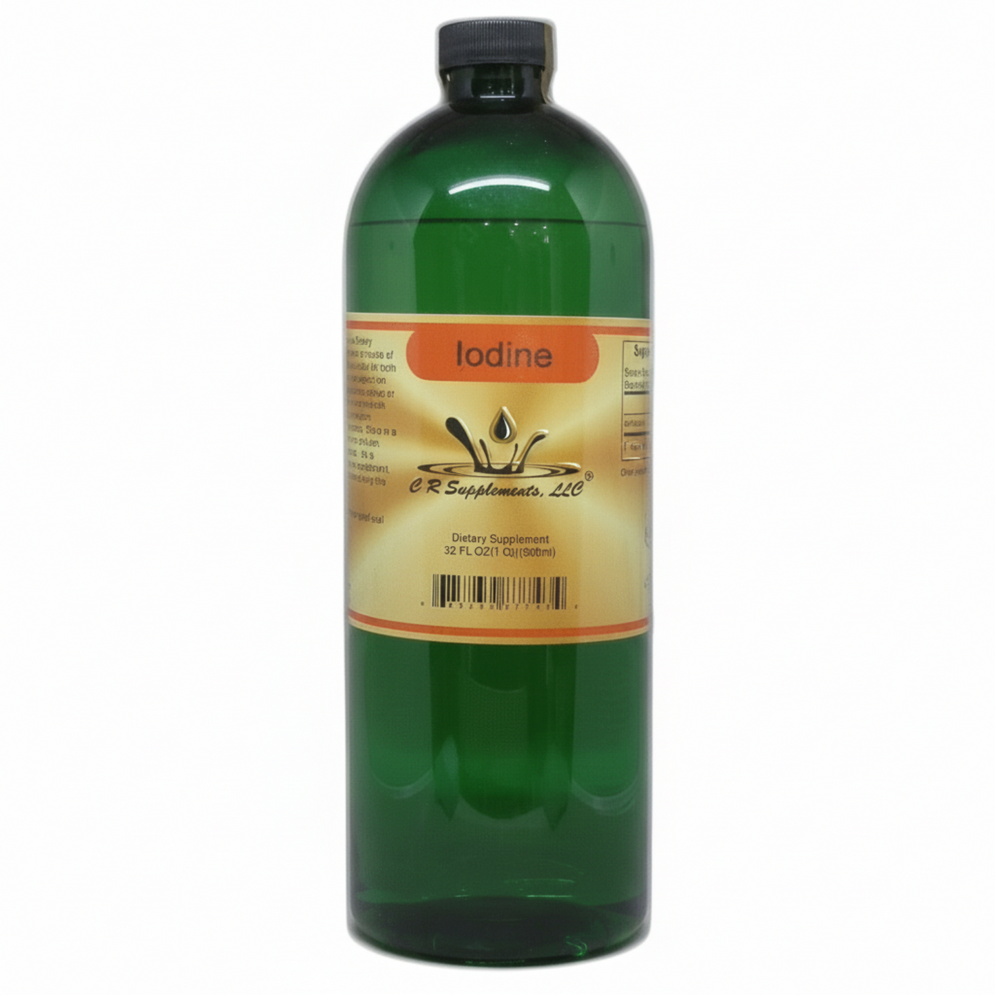 Green bottle of iodine supplement with label on a white background