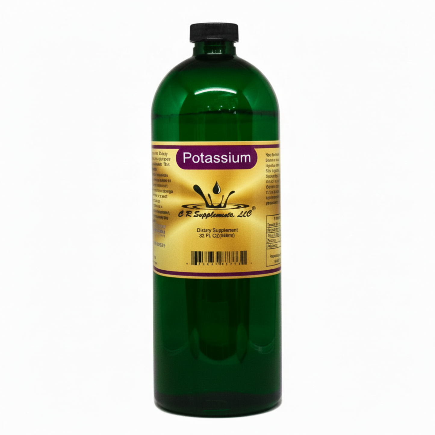Green bottle of potassium supplement with label on a white background