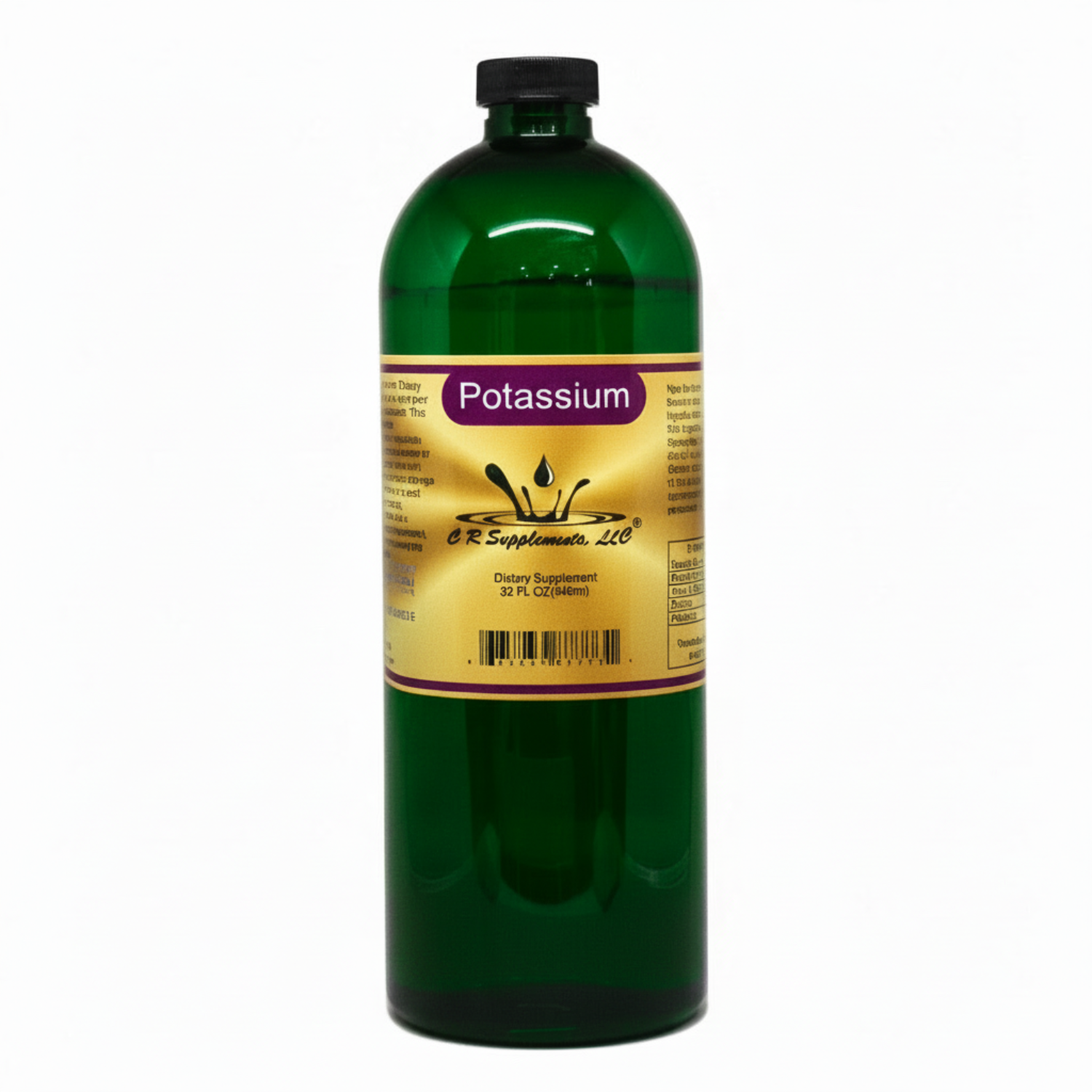 Green bottle of potassium supplement with label on a white background