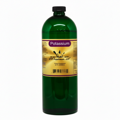 Green bottle of potassium supplement with label on a white background