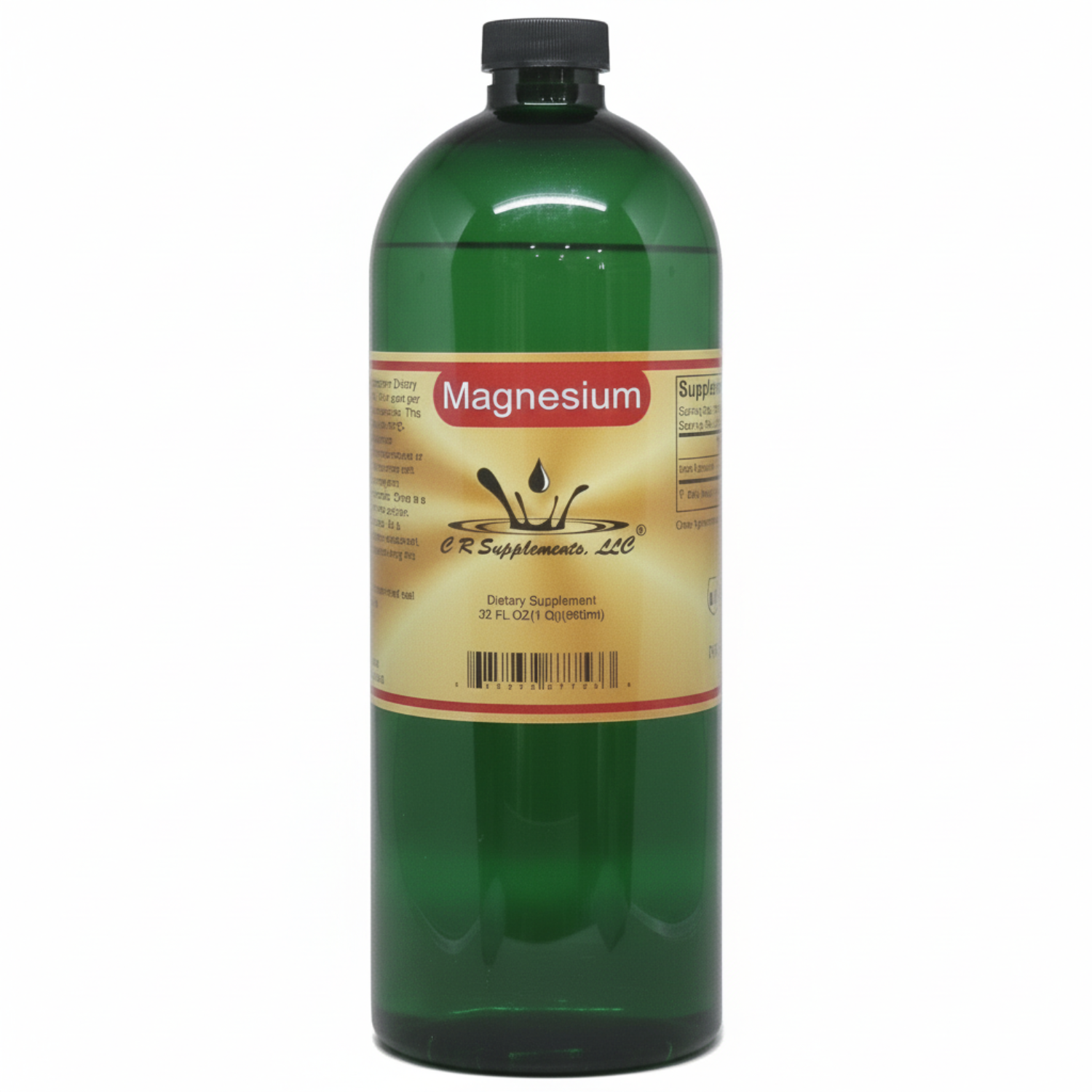 Green bottle of magnesium supplement with a label on a white background