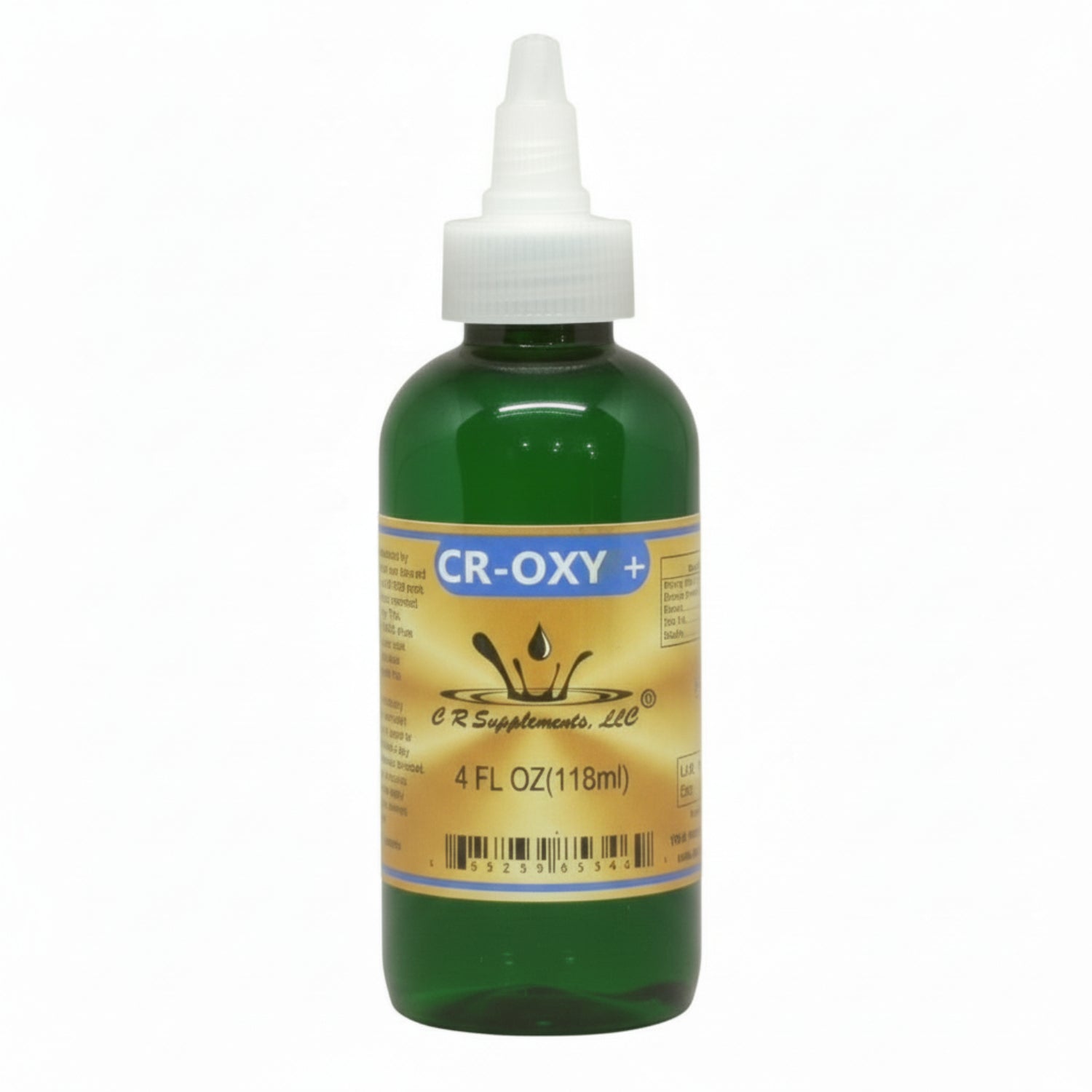 Green bottle with white cap labeled 'CR-OXY+' on a white background