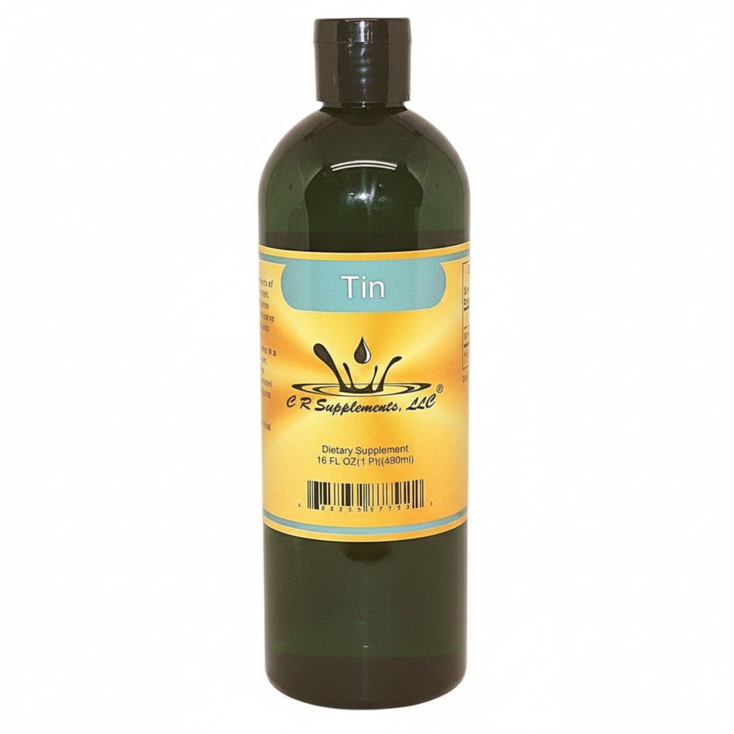 Bottle of dietary supplement labeled 'Tin' with a yellow label on a white background