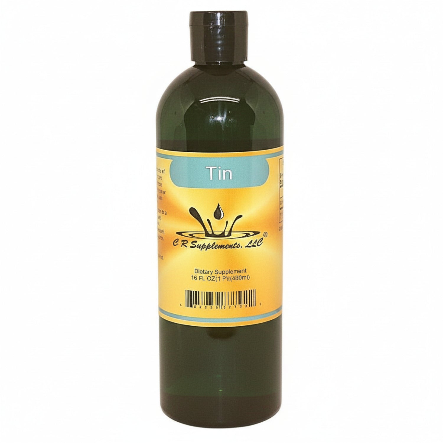 Bottle of dietary supplement labeled 'Tin' with a yellow label on a white background