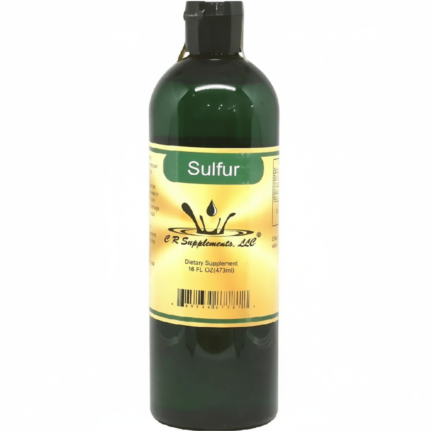 Bottle of sulfur supplement with a label on a white background