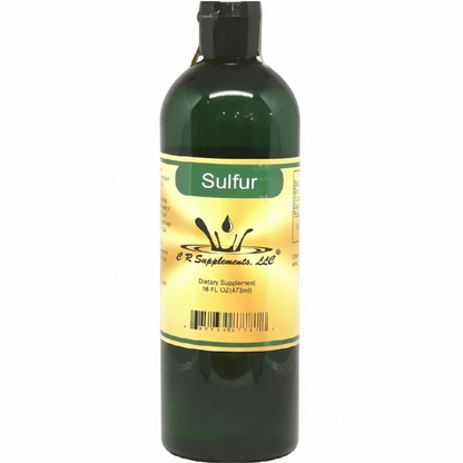 Bottle of sulfur supplement with a label on a white background
