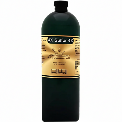 Black bottle with gold label featuring '4X Sulfur 4X' on a white background