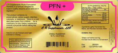 PFN+ liquid mineral and enzyme supplement label from CR Supplements, highlighting key nutritional information.