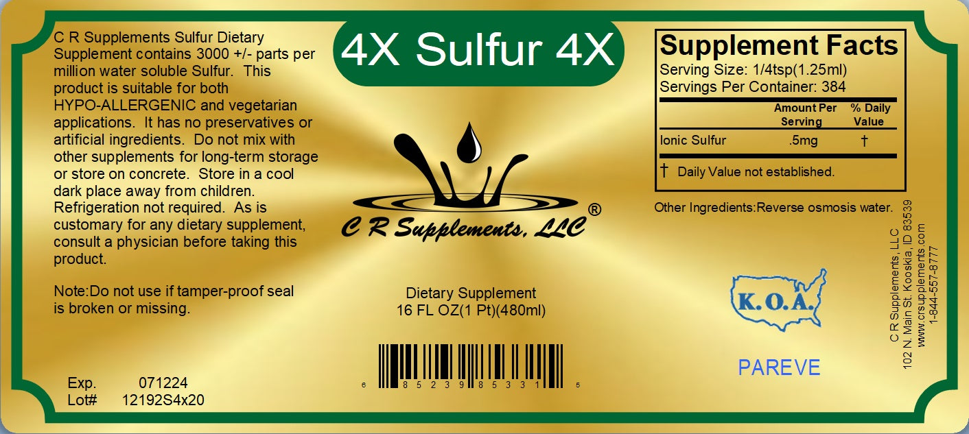 Label of CR Supplements Sulfur dietary supplement, highlighting its benefits for oxygen transport and cellular detoxification.