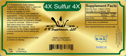 Label of CR Supplements Sulfur dietary supplement, highlighting its benefits for oxygen transport and cellular detoxification.