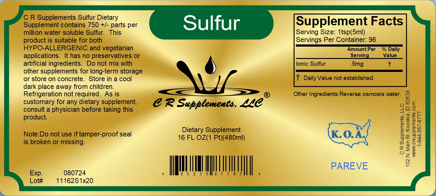 Label of CR Supplements Sulfur Dietary Supplement highlighting its benefits and ingredients.