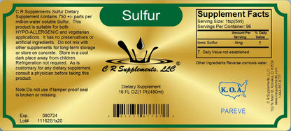 Label of CR Supplements Sulfur Dietary Supplement highlighting its benefits and ingredients.