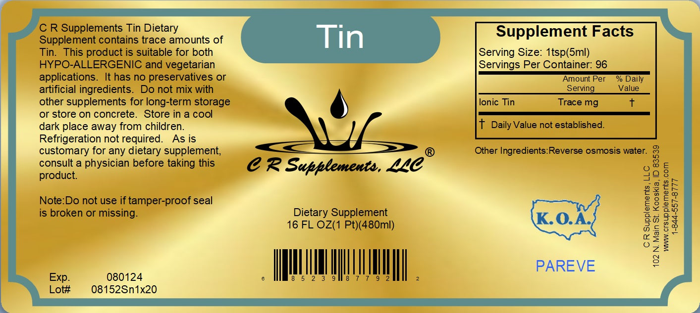 Label for CR Supplements Tin, a dietary supplement containing trace amounts of tin for hair growth and glandular support.