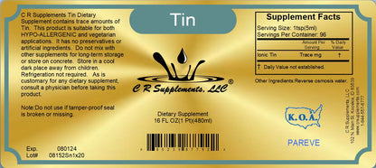 Label for CR Supplements Tin, a dietary supplement containing trace amounts of tin for hair growth and glandular support.