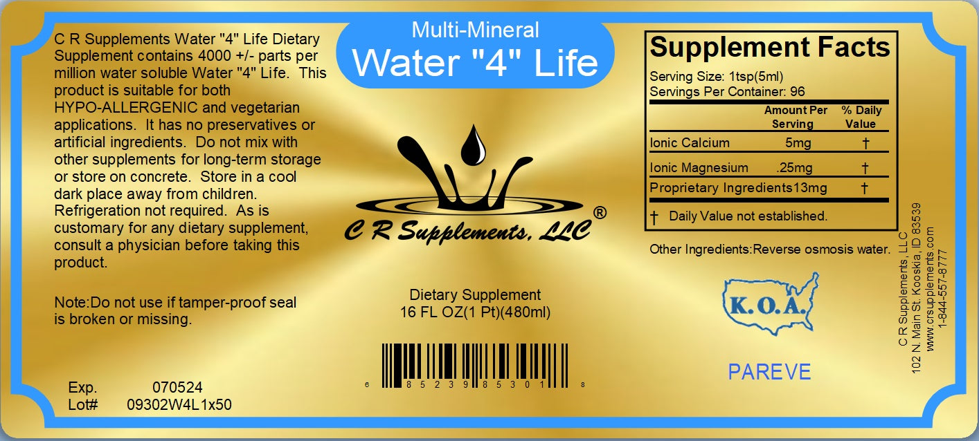 Label for Water 4 Life, a multi-mineral ionic liquid trace minerals supplement, detailing nutrition facts and ingredients.