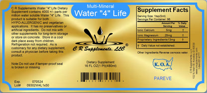 Label for Water 4 Life, a multi-mineral ionic liquid trace minerals supplement, detailing nutrition facts and ingredients.