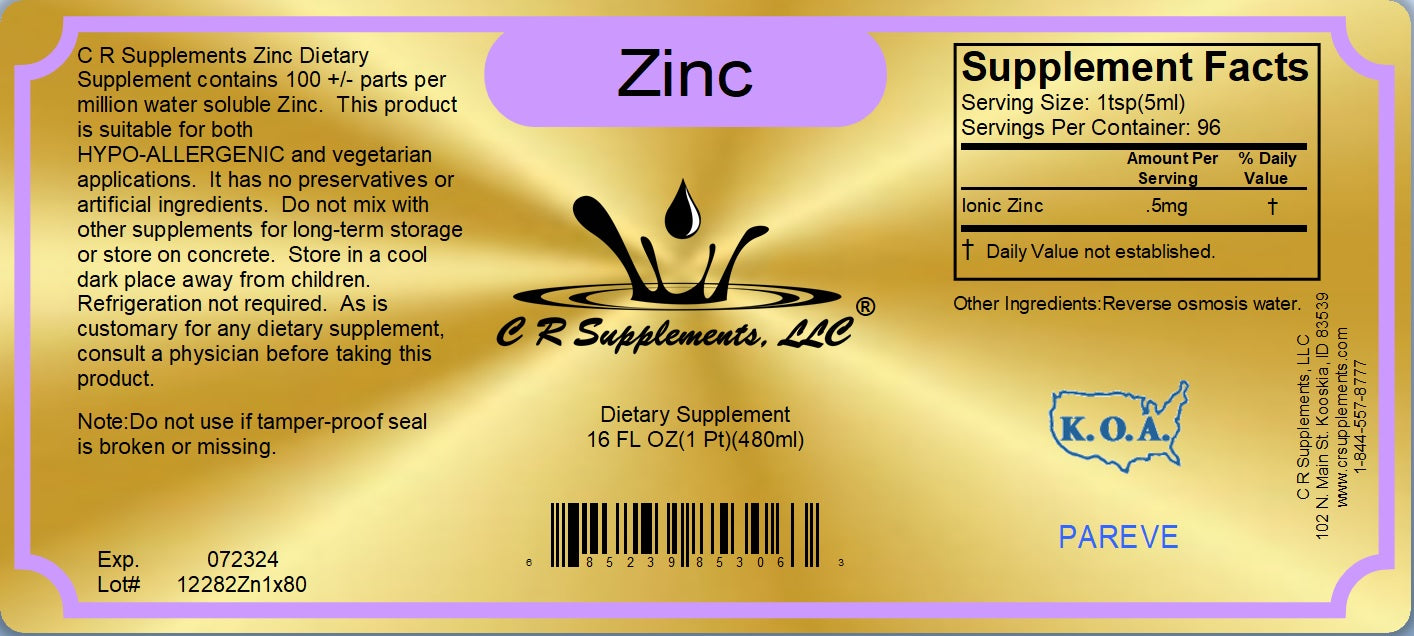 Zinc Ionic Liquid Mineral supplement label showing supplement facts and ingredients for immune defense.