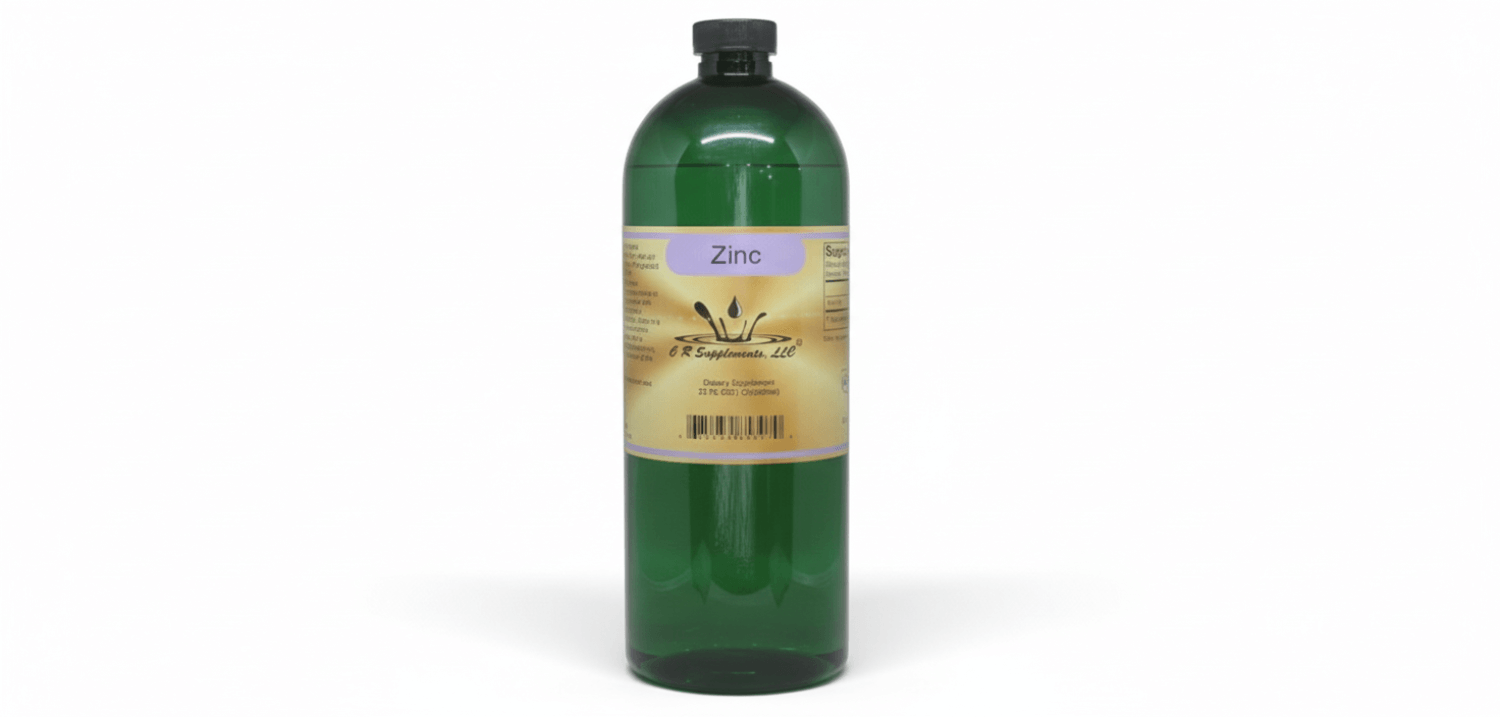 Zinc Ionic Liquid Mineral supplement bottle for immune defense and cellular repair with high-purity liquid formulation.
