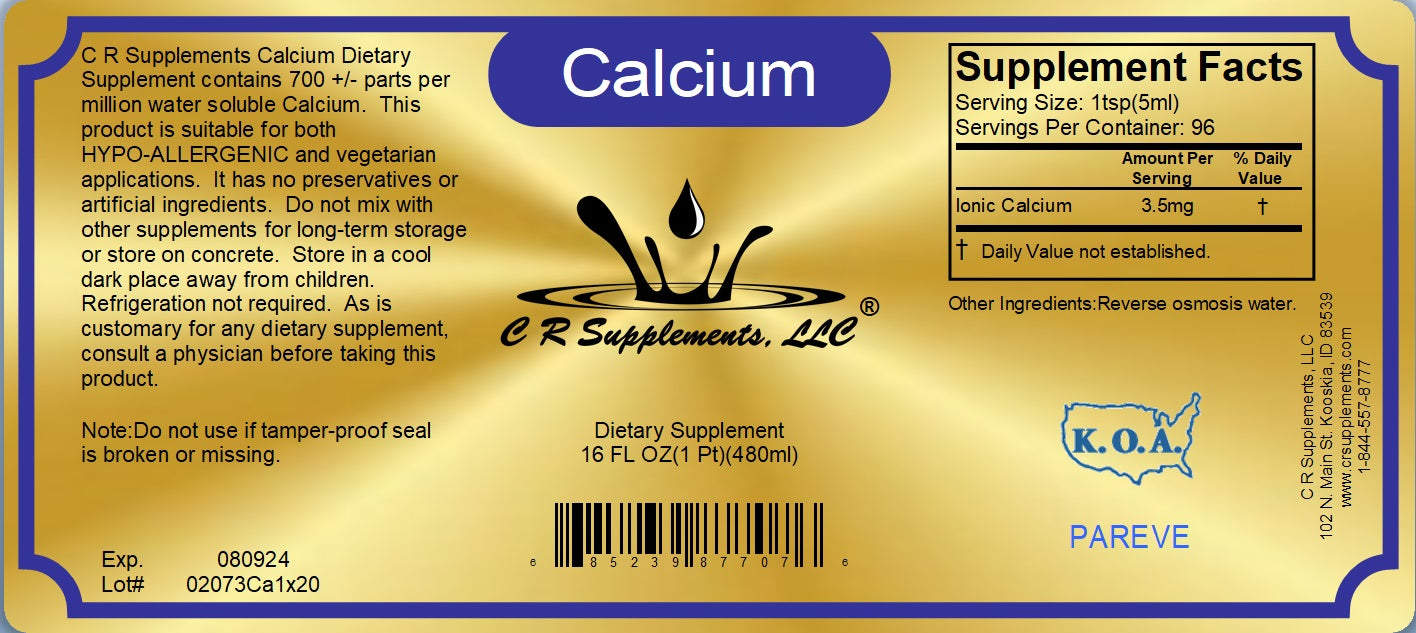 Calcium liquid ionic mineral supplement label showing dietary supplement facts for bone and heart support.