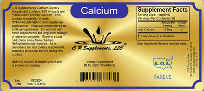 Calcium liquid ionic mineral supplement label showing dietary supplement facts for bone and heart support.