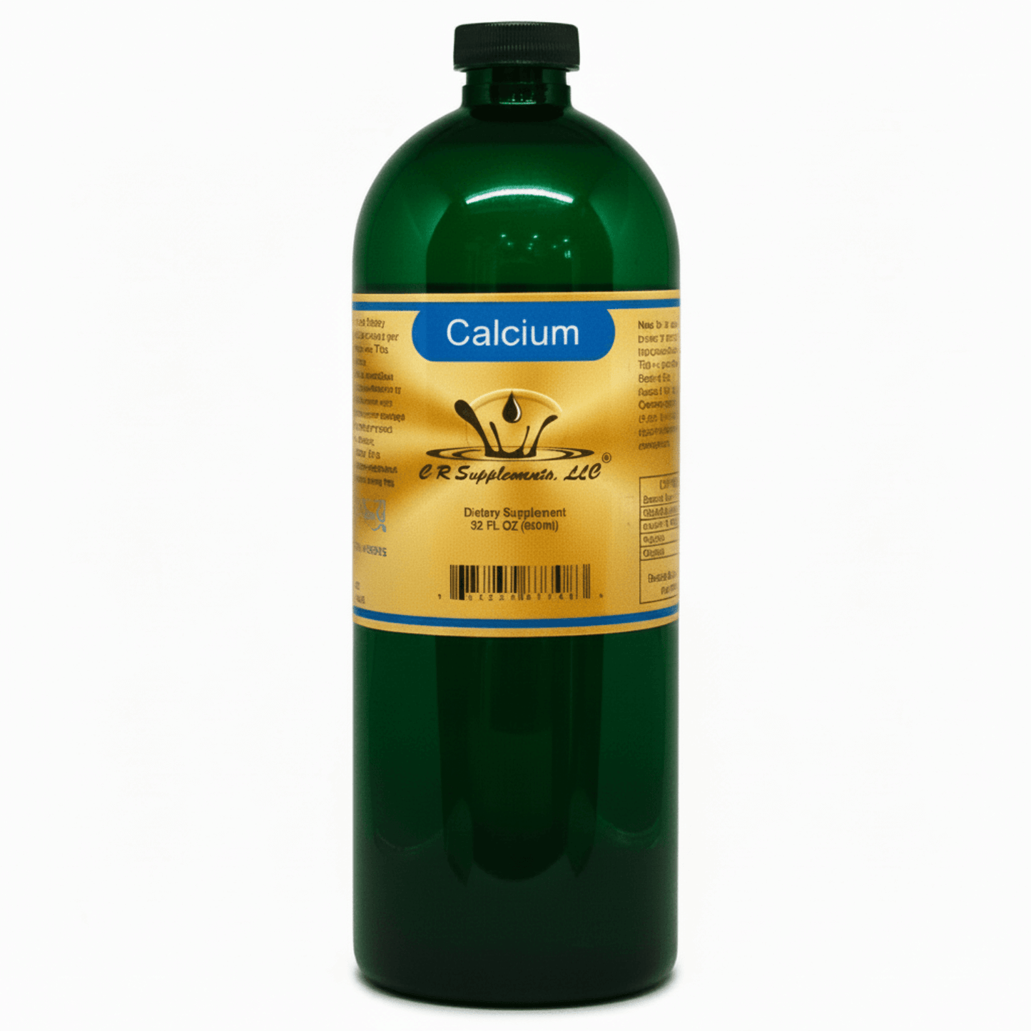 Liquid Ionic Mineral supplement bottle labeled Calcium from CR Supplements, designed for bone and heart support.