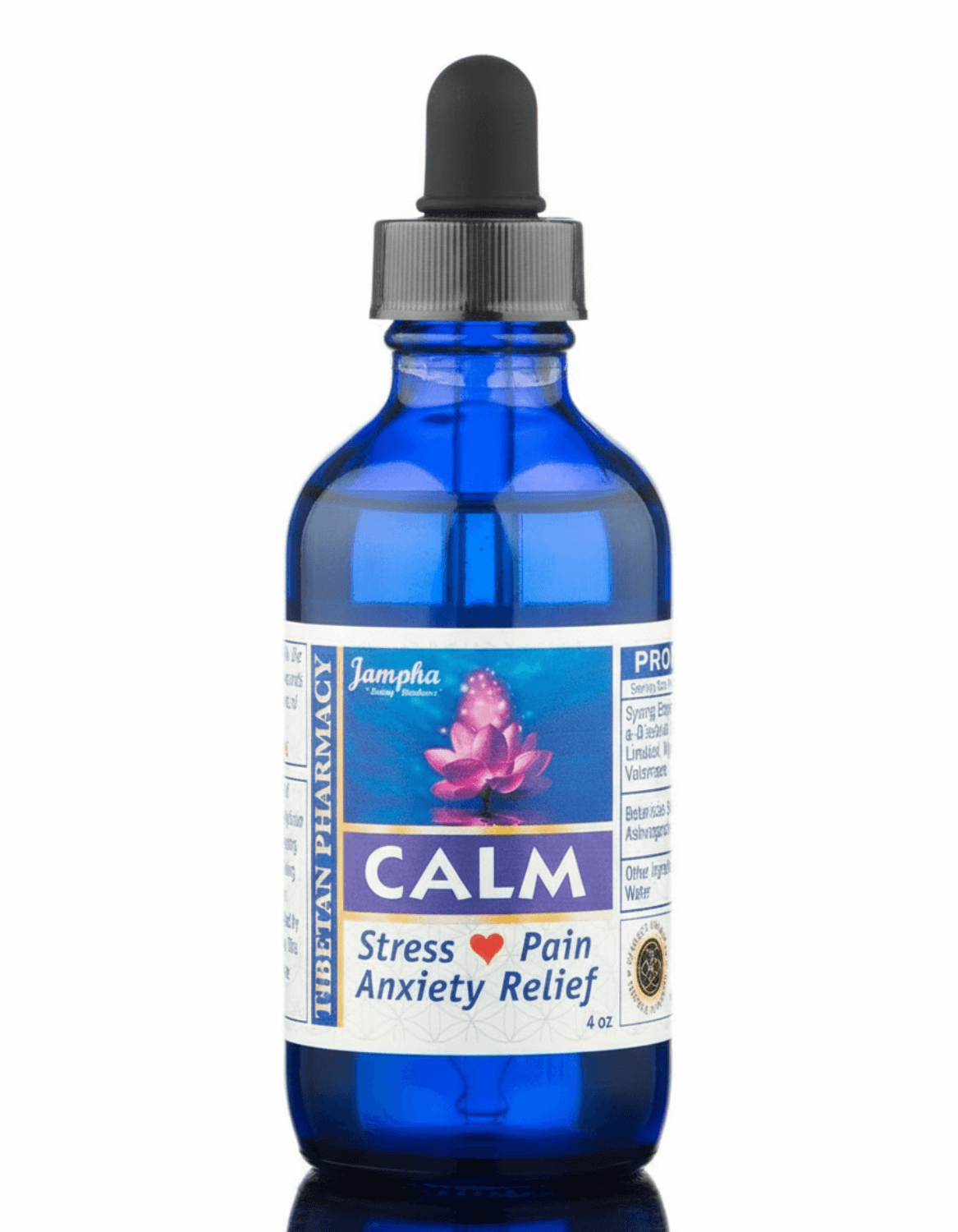 blue glass dropper bottle with black top, white and blue label, Jampha Tibetan Pharmacy, Calm, stress, pain, anxiety relief 4oz