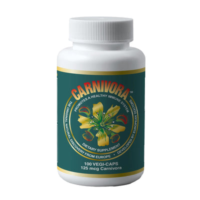 Carnivora Capsules - Immune Modulator Supplement in a white bottle with green label promoting immune health.