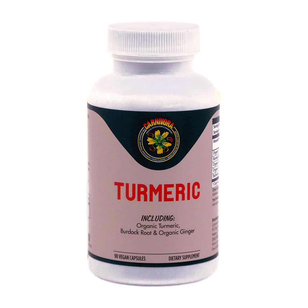 Carnivora Turmeric bottle featuring Bioavailable Curcumin Blend with organic turmeric, burdock root, and ginger.