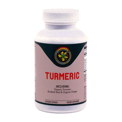 Carnivora Turmeric bottle featuring Bioavailable Curcumin Blend with organic turmeric, burdock root, and ginger.