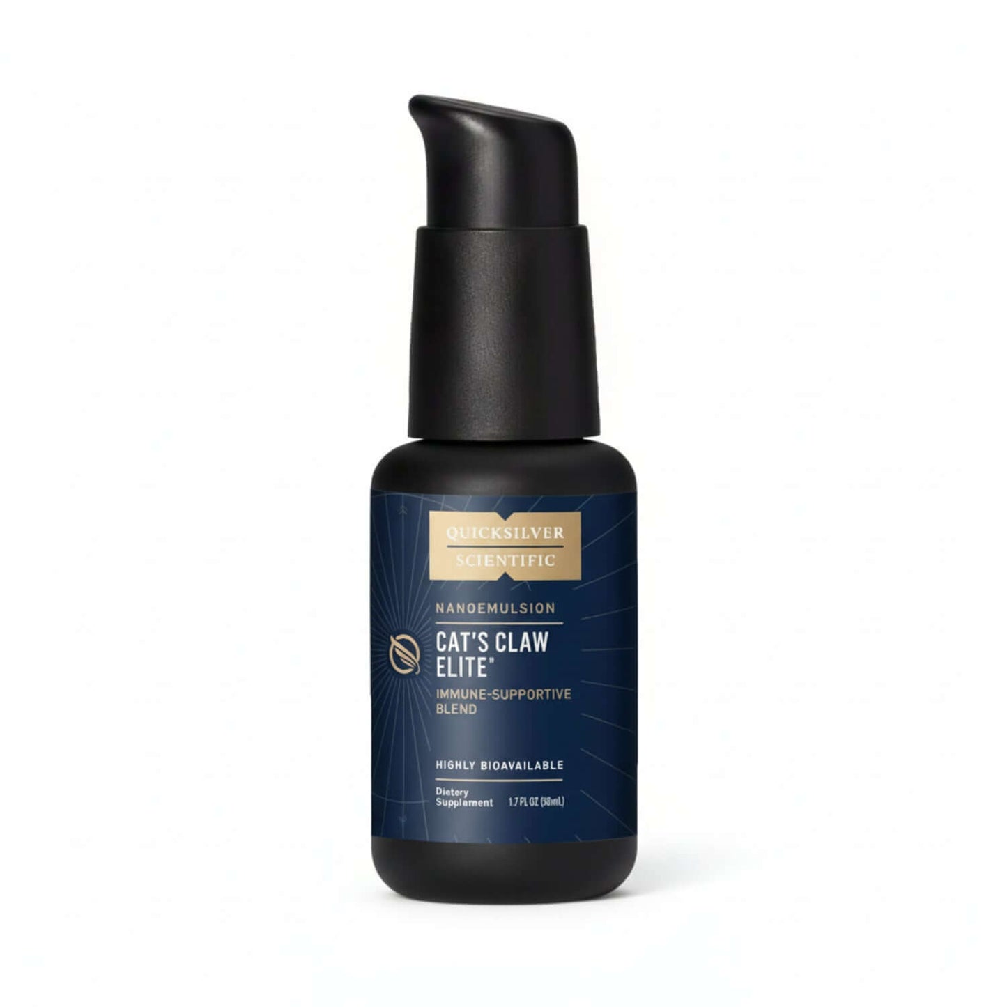 Cat's Claw Elite liposomal immune support supplement in a sleek black bottle with a pump.