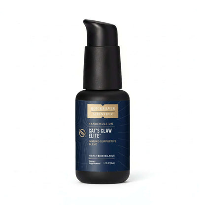 Cat's Claw Elite liposomal immune support supplement in a sleek black bottle with a pump.