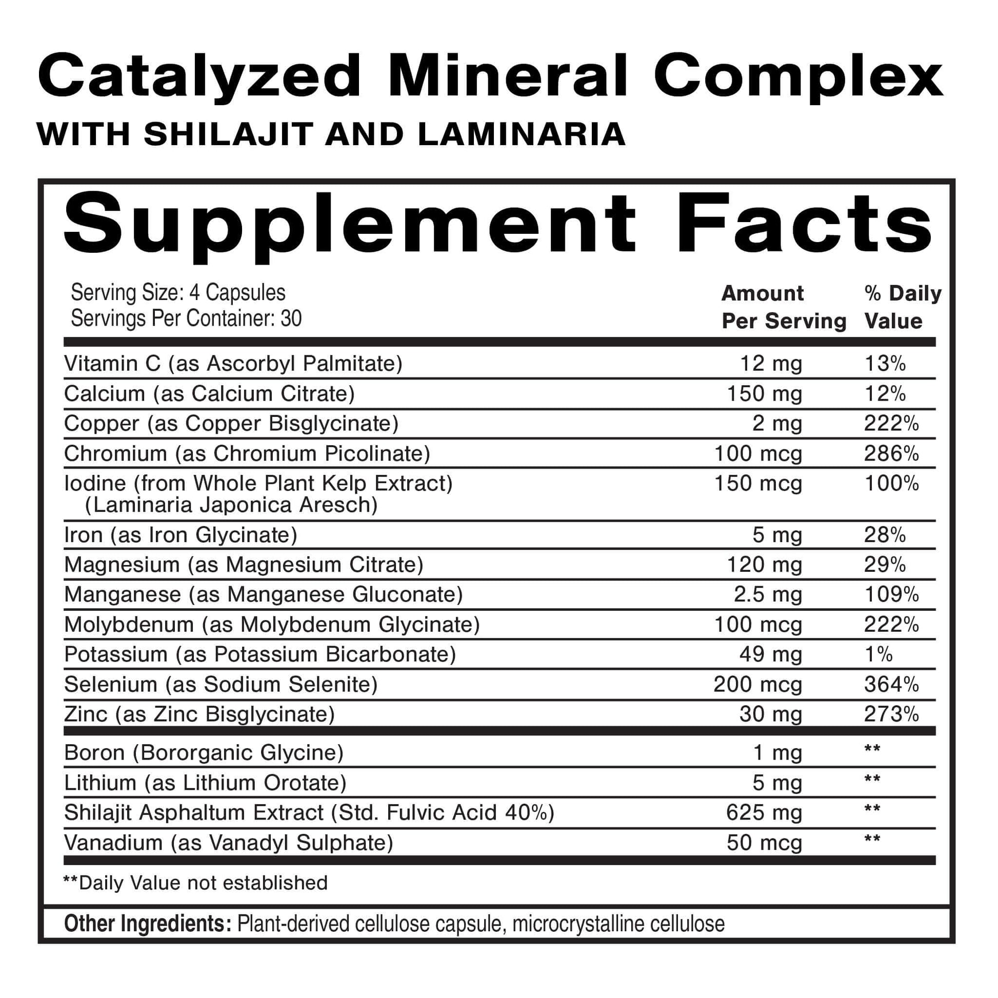 Supplement Facts for Catalyzed Mineral Complex highlighting bioavailable trace minerals and their daily values.