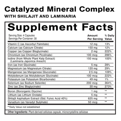 Supplement Facts for Catalyzed Mineral Complex highlighting bioavailable trace minerals and their daily values.