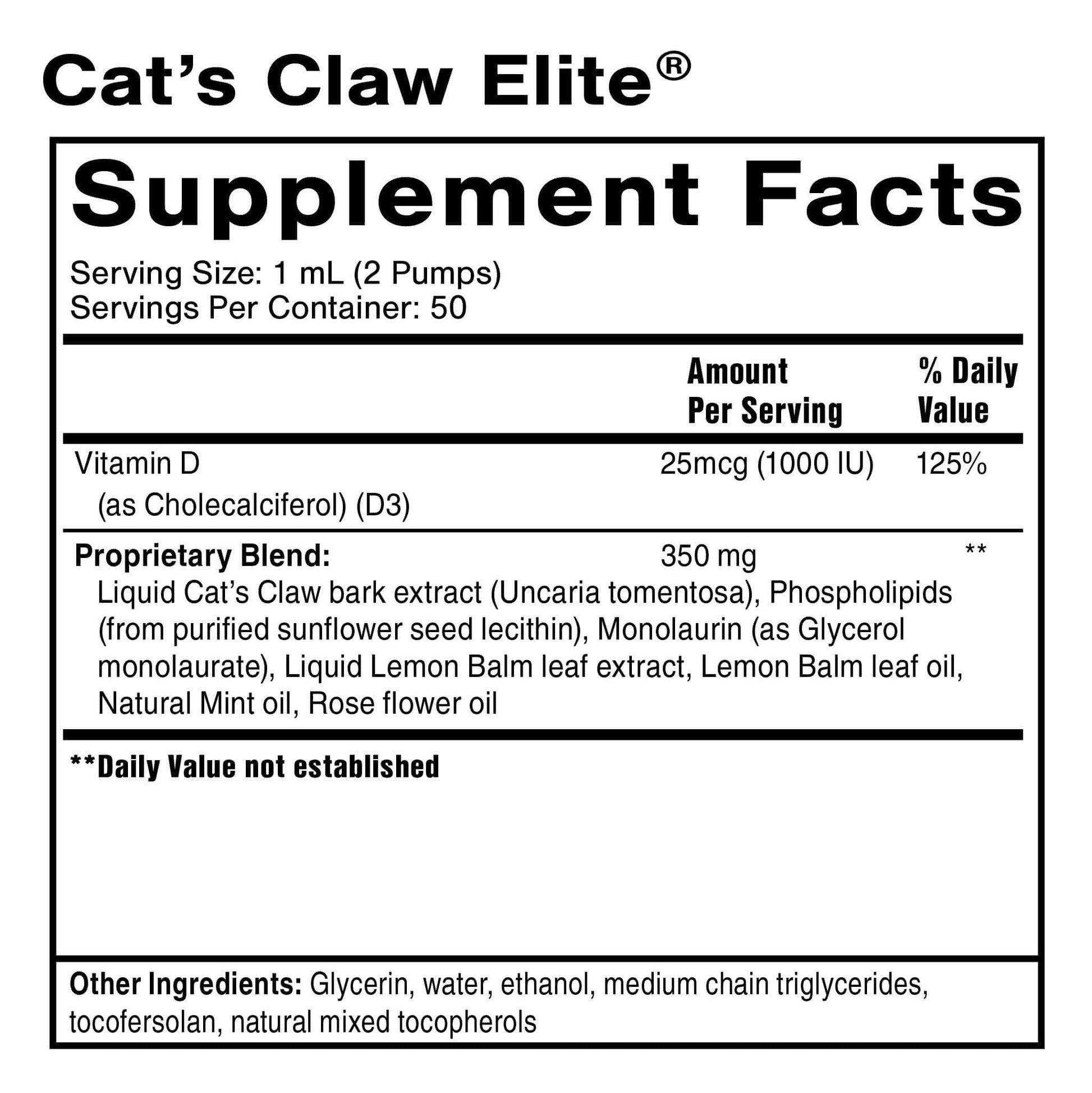 Supplement facts for Cat's Claw Elite showcasing Liposomal Immune Support ingredients and nutrition information.
