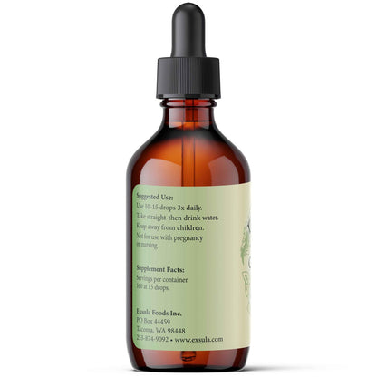 Brown glass dropper bottle with a label on a white background