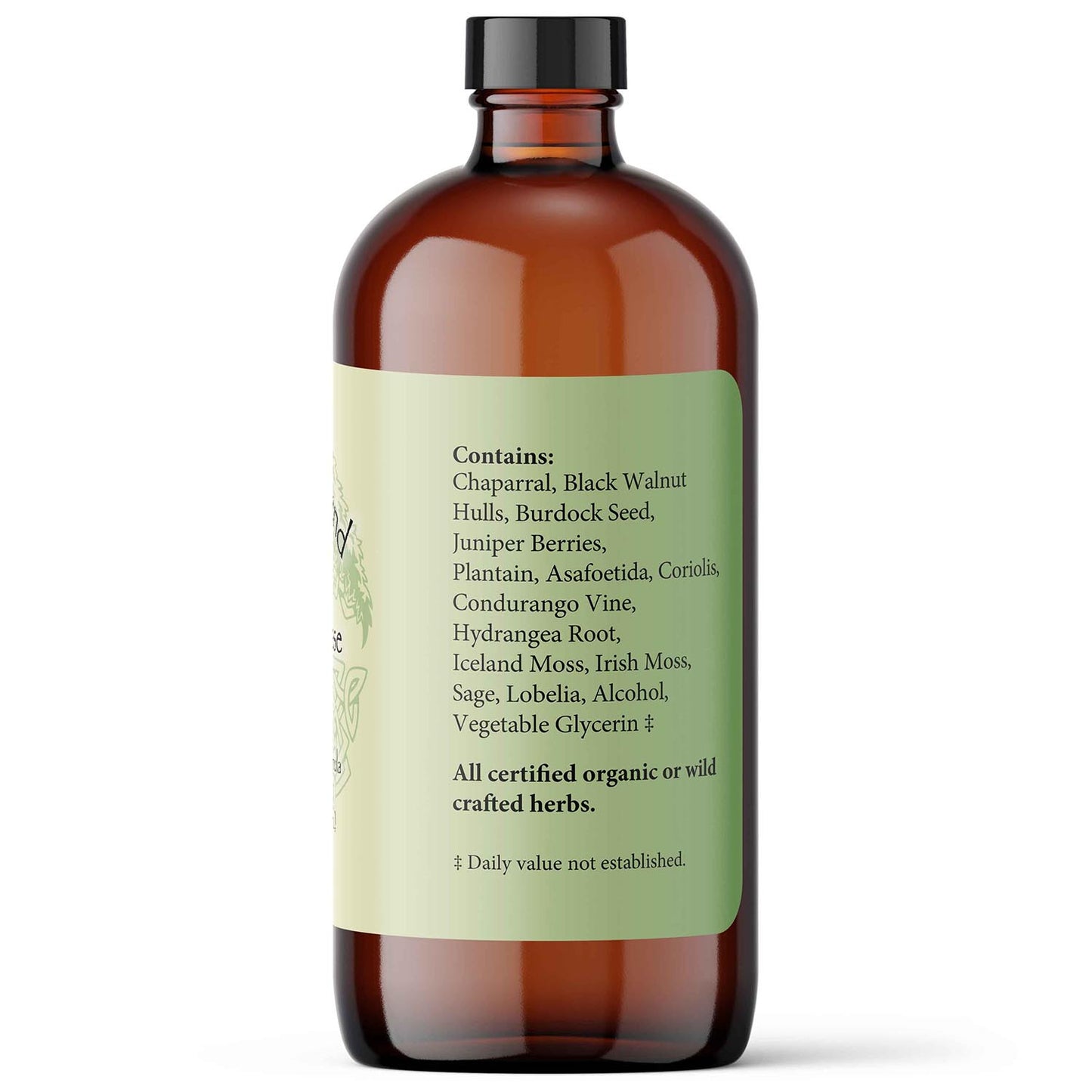 brown glass bottle with a detailed label on a white background