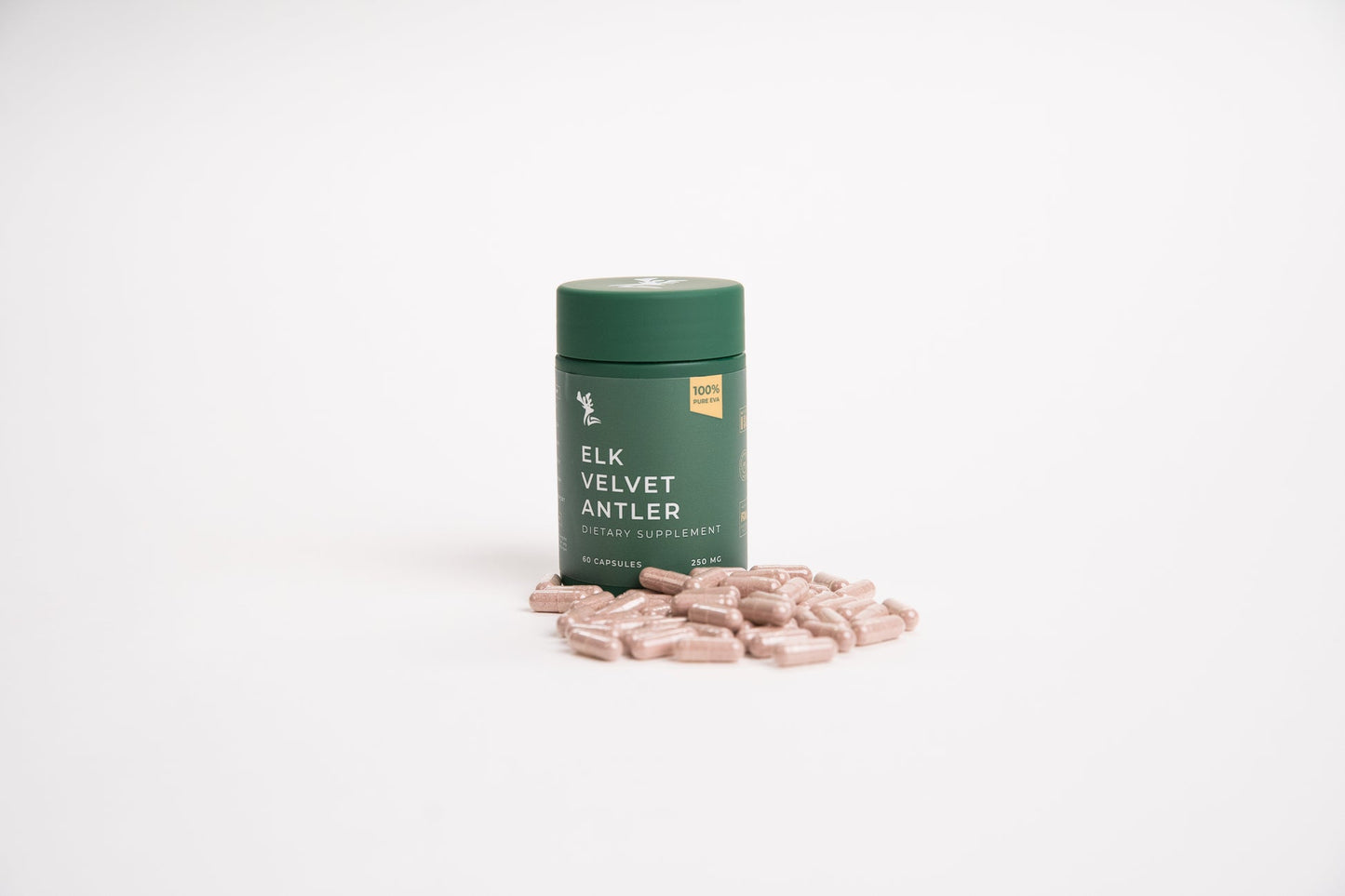 Container of Elk Velvet Antler supplement on a white background