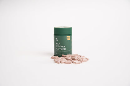Container of Elk Velvet Antler supplement on a white background