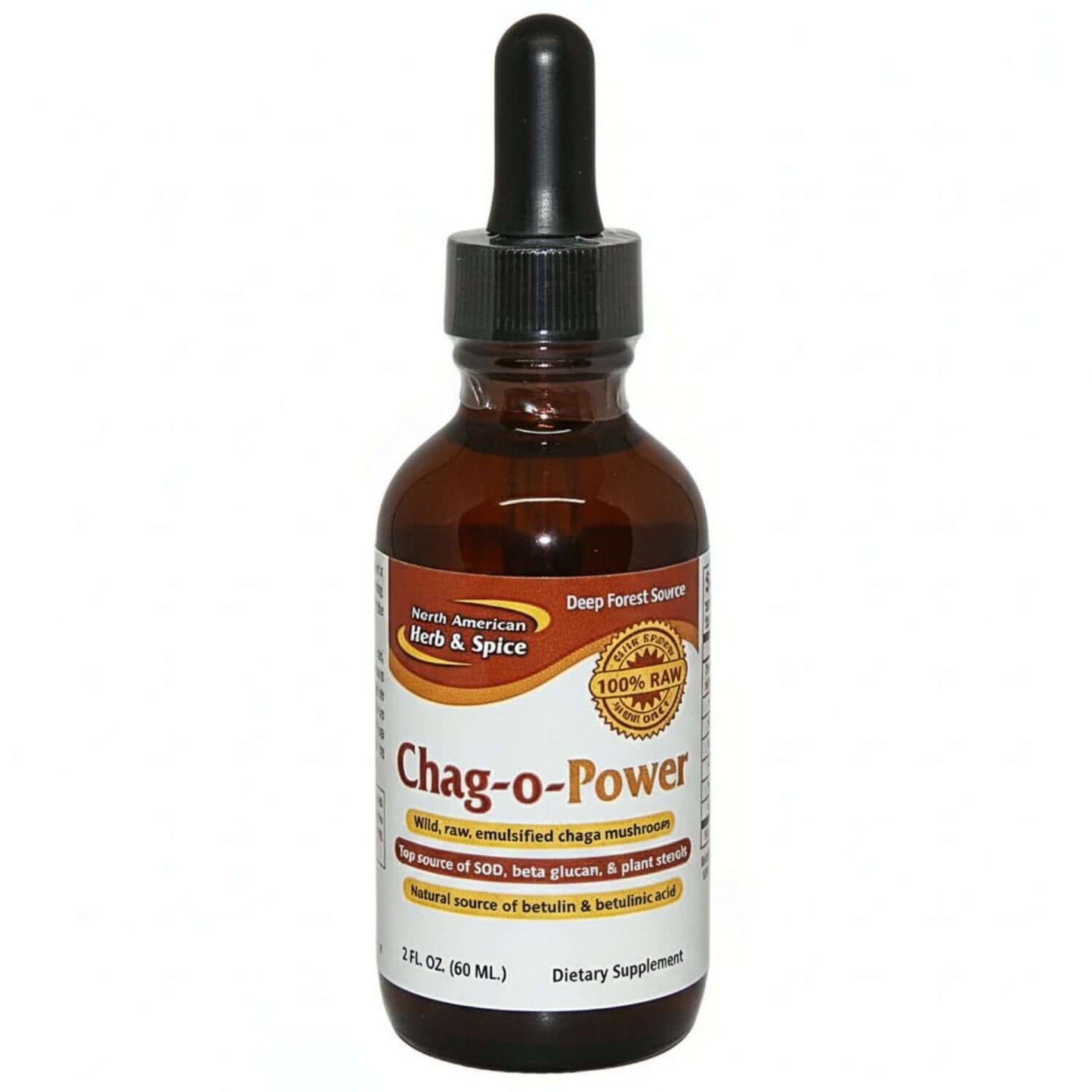 Bottle of Chag-o-Power liquid supplement featuring Liquid Chaga with P73 Oregano for energy and stamina.